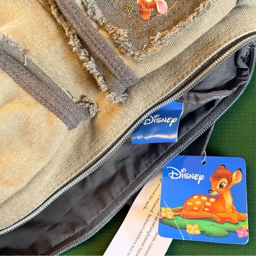 Disney Bambi Canvas Shoulder Bag Floral Patch Pockets Vintage Cottagecore Style